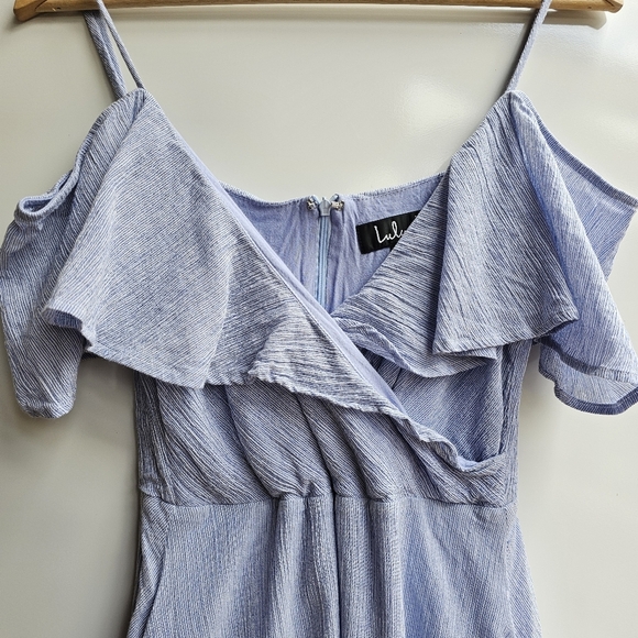 Lulus Yacht Rock Blue Striped Off Shoulder Ruffle Dress Midi Size Small - Picture 3 of 12